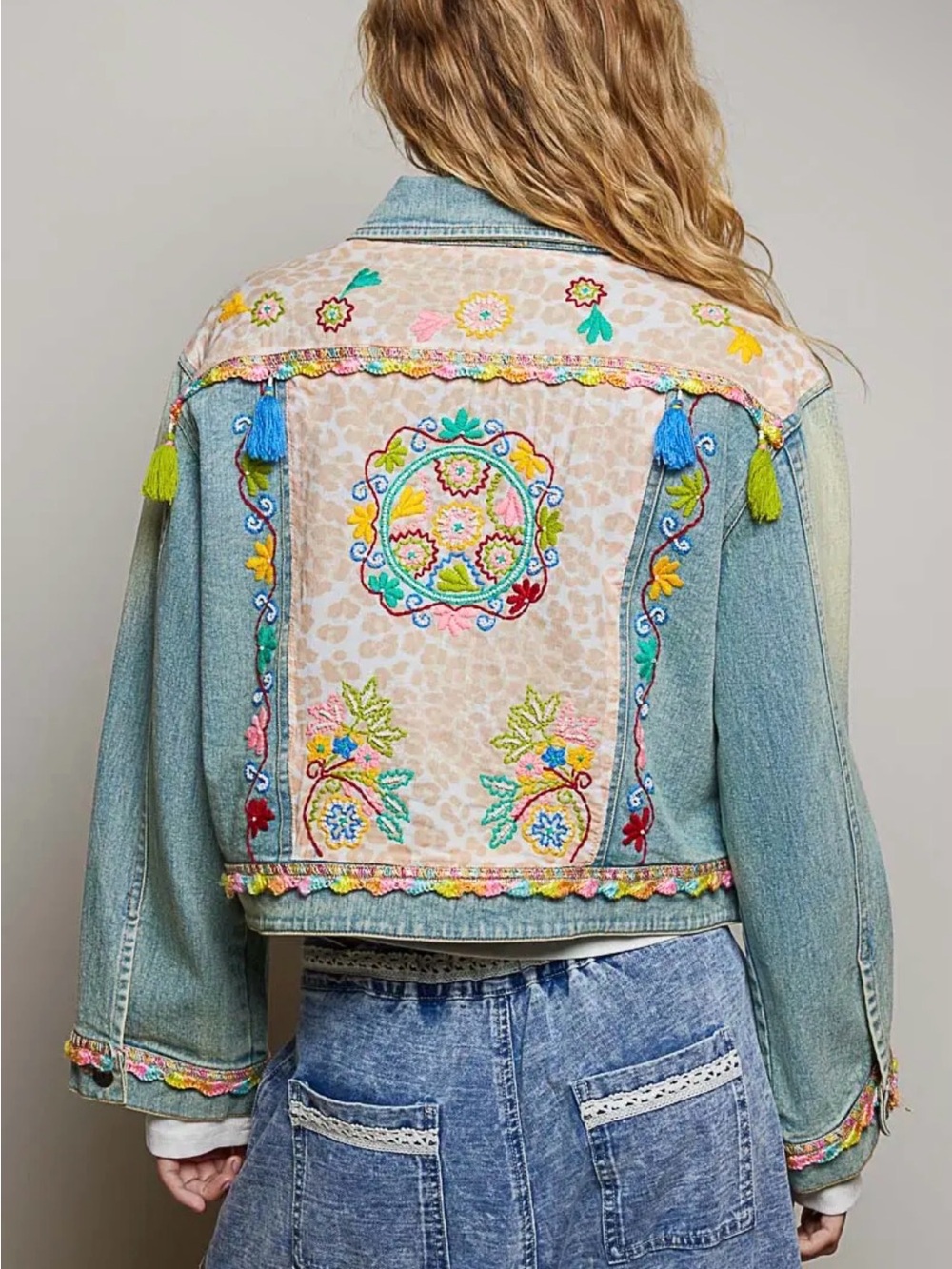 POL denim beaded sequin boho western tassel patchwork floral jean jacket coat - Picture 3 of 4